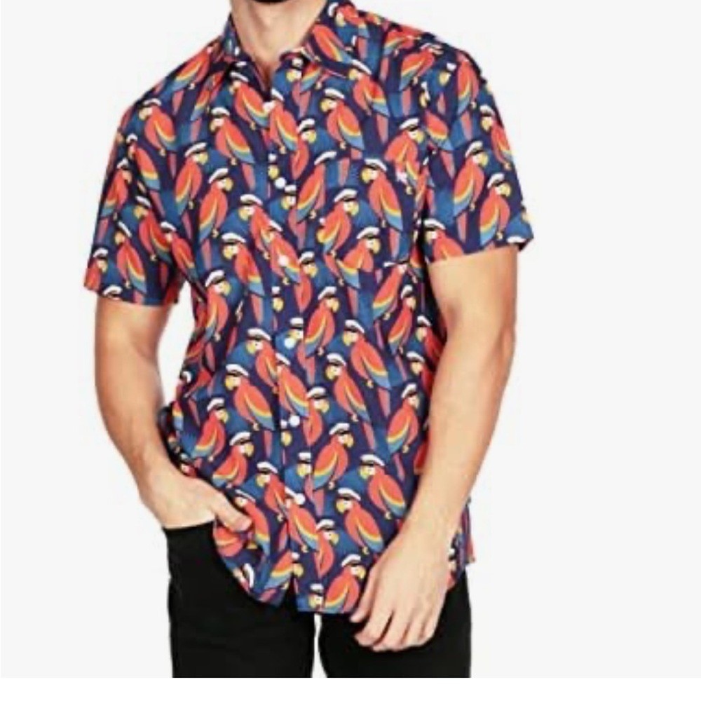 Tipsy Elves‎ Mens Polly Wants A Captain Hawaiian Button Down Shirt Sz M Parrot